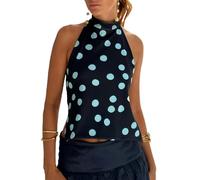 Women Y2k Floral Halter Top Sexy Sleeveless Backless Polka Dot High Neck Tank Top Summer Boho Going Out Beach Outfit, Navy Blue Polka Dot, M