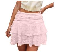 Women Y2k Floral Lace Solid Color Mini Skirt Layered Pleated Ruffle A Line Skirt Summer Low Rise Short Skirt Women Floral Lace Mini Skirt Ruffled Hem Casual Party Skirt Beach Vacation Club Skirt