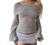 Women Y2k Fold Over Off The Shoulder Sweater Casual Flower Long Sleeve Slouchy Knitted Pullover Shirt Cute Going Out Top (Gray, S)