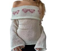 Women Y2k Fold Over Off The Shoulder Sweater Casual Flower Long Sleeve Slouchy Knitted Pullover Shirt Cute Going Out Top (White, S)