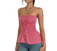 Women Y2k Gingham Tube Top Strapless Backless Plaid Peplum Vest Coquette Bandeau Crop Tank Top Summer Going Out Top (Red, S)