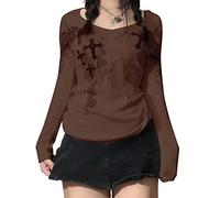 Women Y2K Graphic Crop Top Harajuku Star Print Long Sleeve Shirt Round Neck Pullover Grunge Aesthetic T-Shirt Y2k 90s Streetwear (z-Dark Brown#1, S)