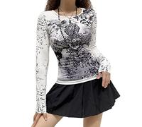 Women Y2K Graphic Crop Top Harajuku Star Print Long Sleeve Shirt Round Neck Pullover Grunge Aesthetic T-Shirt Y2k 90s Streetwear (Grey#3, M)