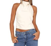 Women Y2k Halter Neck Satin Top Sleeveless Mock Neck Open Back Tank Tops Trendy Backless Going Out Cami Blouse Streetwear (White, S)