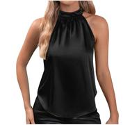 Women Y2k Halter Neck Satin Top Sleeveless Mock Neck Open Back Tank Tops Trendy Backless Going Out Cami Blouse Streetwear Party Business Blouse Work Office Wear for Ladies Daily Wear (Black, M)