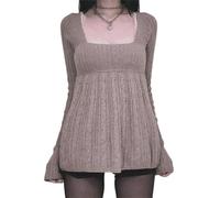 Women Y2k Harajuku Babydoll Sweaters Fairycore Long Sleeve Button Square Neck Tunic Blouse E-Girl Retro Aesthetic Sweaters (B-Brown, M)