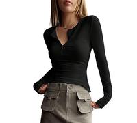 Women Y2K Henley Tunic Top V Neck Long Sleeve Button UP Slim Fit Casual Ribbed Knit Shirt Blouses V Neck Grunge Aesthetic T Shirt (Black, M)