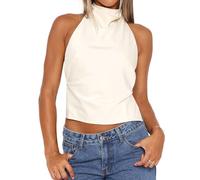 Women Y2k High Neck Halter Tank Tops Sexy Mock Neck Open Back Crop Top Summer Solid Satin Going Out Camisole(White,Medium)