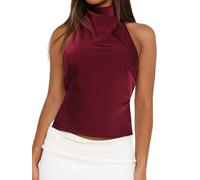 Women Y2k High Neck Halter Tank Tops Sexy Mock Neck Open Back Crop Top Summer Solid Satin Going Out Camisole(Red,Medium)