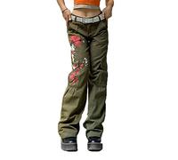 Women Y2K High Waisted Jeans Gothic Baggy Gothic Cargo Jeans Wide Straight Leg Punk Denim Pants Loose Trousers Streetwear, Green-t, Large