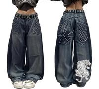 Women Y2k Hip Hop Jeans Loose Fit High Waist Stretchy Wide Leg Cargo Combat Denim Pants Casual Streetwear Vintage Grunge Skateboard Stretchy Baggy Jeans with Pockets