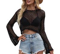 Women Y2K Hollow Out Crochet Crop Top Long Sleeve See Through Fishnet Smock Tee Shirt Beach Cover Up Knitwear Pullover (Crochet Knit Top-Black, M)
