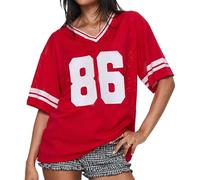 Women Y2k Jersey Shirts Short Sleeve V Neck Oversized Number Graphic T-Shirt Sport Casual Tee Tops Summer Streetwear (E-Red, S)