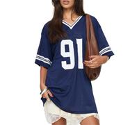 Women Y2k Jersey Shirts Short Sleeve V Neck Oversized Number Graphic T-Shirt Sport Casual Tee Tops Summer Streetwear (A-Navy Blue, XL)