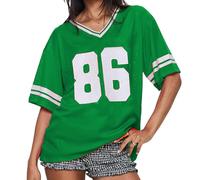 Women Y2k Jersey Shirts Short Sleeve V Neck Oversized Number Graphic T-Shirt Sport Casual Tee Tops Summer Streetwear (E-Green, S)