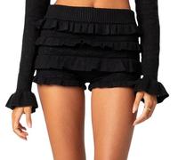 Women Y2k Knit Ruffle Shorts 2 Piece Outfits Long Sleeve Crop Top Hollow Out Layered Bloomer Shorts Going Out Set(Shorts Black,M)
