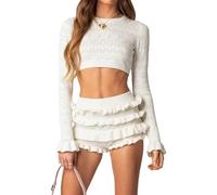 Women Y2k Knit Ruffle Shorts 2 Piece Outfits Long Sleeve Crop Top Hollow Out Layered Bloomer Shorts Going Out Set(Outfits Beige,L)
