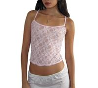 Women Y2k Lace Camisole Crop Tops Sleeveless Sexy Cami Spaghetti Strap Backless Low Square Neck Going Out Tank (Pink, XL)