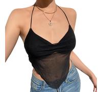 Women Y2K Lace Halter Neck Cop Top Sexy See Through Mesh Tank Tops V Neck Low Cut Backless Slim Vest Summer Cami Tops for Streetwear Clubwear Black