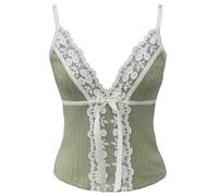 Women Y2K Lace Patchwork Cami Spaghetti Strap Deep V Neck Knitted Crop Tank Top Vintage 90s Coquette Aesthetic Top, Light Green, M