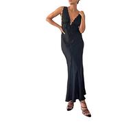 Women Y2k Lace Trim Maxi Dress Floral Print Spaghetti Strap Front Tie-Up Dress V Neck Bodycon Long Dress Satin Cut Out Backless Party Dress (Black, S)