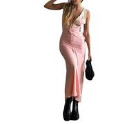 Women Y2k Lace Trim Maxi Dress Floral Print Spaghetti Strap Front Tie-Up Dress V Neck Bodycon Long Dress Satin Cut Out Backless Party Dress (Pink, S)