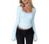 Women Y2K Lace Trim Top Sexy Long Sleeve Square Neck Solid Color Slim Fit T-Shirts Going Out Blouse Streetwear (A-Sky Blue, M)