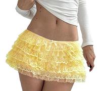 Women Y2K Layered Lace Mini Skirt Low Rise Short Tiered Ruffle Skirt Summer Cute Country Concert Floral Lace Skort (Yellow, S)