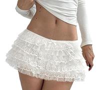 Women Y2K Layered Lace Mini Skirt Low Rise Short Tiered Ruffle Skirt Summer Cute Country Concert Floral Lace Skort (White, M)