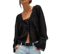 Women Y2k Long Sleeve Lace Up Blouse Scoop Neck Open Front Tie Lace Trim Crop Top Ruffle Solid Color Top Shirt, Black, L