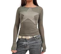 Women Y2k Long Sleeve T Shirt Tops Fairy Grunge Star Print Jumper Baggy Aesthetic Harajuku Sweatshirt Blouse Punk E-Girl 90s Clothes (Army Green, M)