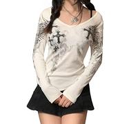 Women Y2K Long Sleeve Top Tee Sexy Gothic Cross Wings Print Patchwork V Neck Basic Slim Fit Blouse Tops Vintage Fairy Grunge Streewear (White, Large)