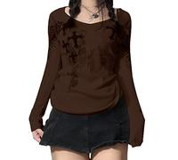 Women Y2K Long Sleeve Top Tee Sexy Gothic Cross Wings Print Patchwork V Neck Basic Slim Fit Blouse Tops Vintage Fairy Grunge Streewear (C, Large)