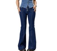Women Y2K Low Waisted Denim Jeans Solid Color Denim Flare Pants 2000s Retro Bell Bottom Vintage E-Girl Streetwear (Blue, S)
