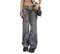 Women Y2K Low Waisted Pants Graphic Stars Patterned Wide Leg Denim Jeans Straight Casual Loose Baggy Trousers Vintage E-Girl Streetwear (Grey#2, M)