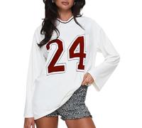 Women Y2K Number Print Oversized T-Shirt V Neck Long Sleeve Baseball Baggy Tee Loose Fit Blokecore Aesthetic Top Streetwear (Red A, S)