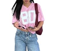 Women Y2k Oversized Jersey Shirt Number Graphic V Neck Short Sleeve Jersey T-Shirt Blokecore Aesthetic Vintage 90S Streetwear (A-Pink, M)