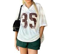 Women Y2k Oversized Jersey Shirt Number Graphic V Neck Short Sleeve Jersey T-Shirt Blokecore Aesthetic Vintage 90S Streetwear (A-Creamy White, M)