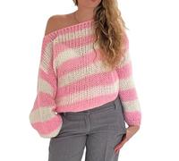 Women Y2k Oversized Striped Sweater Colorblock Off The Shoulder Jumpers Top Preppy Retro Long Sleeve Pullovers(Chic Pink,S)