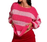 Women Y2k Oversized Striped Sweater Colorblock Off The Shoulder Jumpers Top Preppy Retro Long Sleeve Pullovers(Preppy Watermelon Red,S)