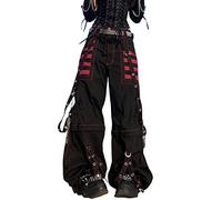 Women Y2k Pants Goth Punk Emo Pants Baggy Bell Bottom Jeans Hip Hop Grunge Pants Aesthetic E-Girl 90s Harajuku Trousers Streetwear (Black Red, M)