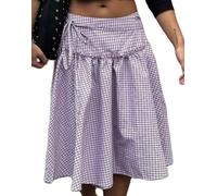 Women Y2k Plaid Midi Skirt Vintage Low Waist Frill Ruffle Hem Gingham Skirts Aesthetic Tie Up A Line Maxi Skirt (Purple, S)