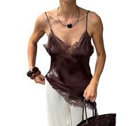 Women Y2K Satin Lace Cami Top Sleeveless Spaghetti Strap Silk V Neck Asymmetrical Lace Camisole Side Slit Tank Top Streetwear (A-Brown, S)