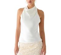 Women Y2k Satin Silk Halter Tank Mock Neck Draped Front Crop Cami Sleeveless Open Back Top Sexy Going Out Tops C White