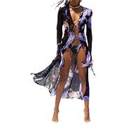Women Y2k See Through Sheer Mesh Maxi Dress Ruffle Tie-Up Summer High Slit Bikini Cover Up Dress Tie-Dye Beach Long Dress (Multicolor, L)