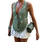 Women Y2k Sequin Cowl Neck Halter Top Beaded Rhinestone Backless Tank Shirt Sparkly Pearl Low V Neck Party Crop Top, Green, M