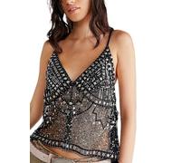 Women Y2K Sequin Mesh Tank Top Glitter Floral Embroidered Cami Crop Top Sleeveless Backless Rhinestone Camisole (Black, S)