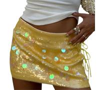 Women Y2k Sequin Mini Skirt Sparkly Sexy Side Split Tie Up Low Rise Glitter Hip Shiny Bodycon Skirts Club Streetwear (A-Bright Yellow, S)