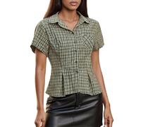 Women Y2k Short Sleeve Button up Plaid Shirt Coquette Summer Tops Retro Gingham Blouse Slim Fit Crop Top (H-Green, M)