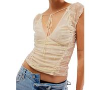 Women Y2k Short Sleeve Crop Top Basic Floral Lace T-Shirts Sheer Mesh See Through Top Backless Pullovers Streetwear (A-Milky White, M)